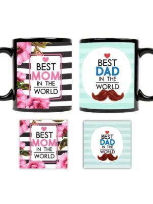 Wedding Parents, Best Mom Dad in The World Coffee Mug, Coaster Combo Set of 4
