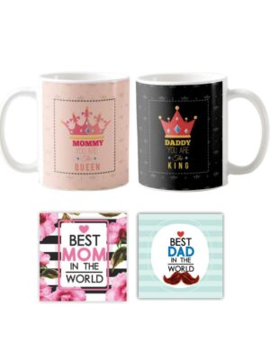 King Queen Mommy Daddy themed Ceramic Coffee Mug, Coaster Combo Set of 4 - Black