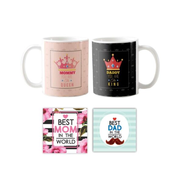 King Queen Mommy Daddy themed Ceramic Coffee Mug, Coaster Combo Set of 4 - Black