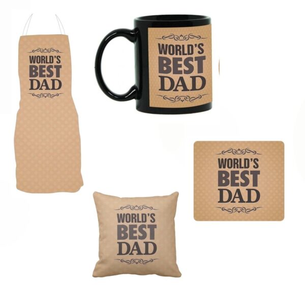 Worlds Best Dad Combo Set Of 5 Apron, Chef Hat, Mug, Coaster, Mousepad, Mousepad - 8 x 8 Inches, Coaster - 4 x