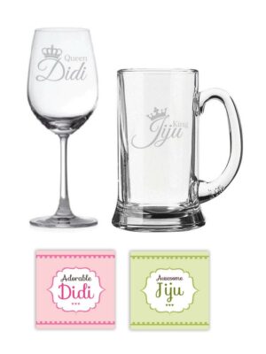 Rakhi Gifts King Queen Didi Jiju Beer Mug Wine Glass Combo, Coasters Set of 4