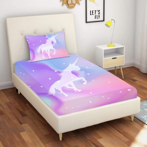 Kid's Velvet Designer Unicorn Printed Single Bedsheet with 1 Matching Pillow Cover (65x100 Inches, Multi-Coloured)