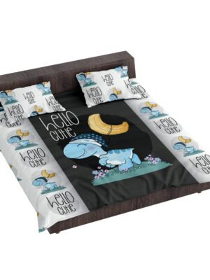 Hello Cutie Dinosaur Printed Velvet King Size Double Bedsheet with 2 Pillow Covers