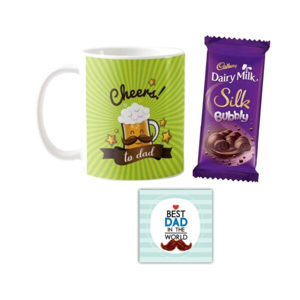 Cheers to Dad Mug, Cushion Cover,1 Dairy Milk Silk 60 gm, with Coaster