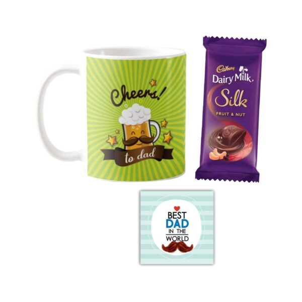 Cheers to Dad Mug, Cushion Cover,1 Dairy Milk Silk 60 gm, with Coaster