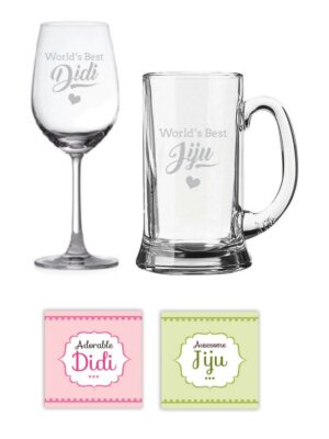 Rakhi Gifts Worlds Best Didi Jiju Beer Mug Wine Glass Combo, Coasters Set of 4