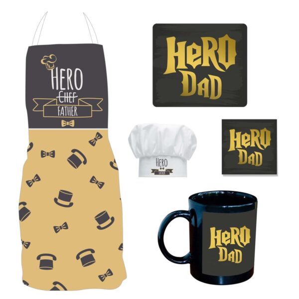 Hero Dad Hamper for Father Set of 5 - Apron, Chef Hat, Mug, Coaster, Mousepad