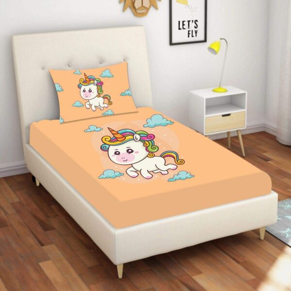 Birthday Gifts Velvet Designer Kids Cute Baby Unicorn Printed Single Bedsheet (65x100 Inches/250CT) with 1 Matching