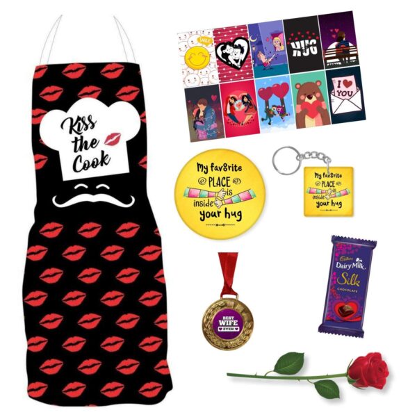 Birthday Gifts Week Chocolate Gifts Combo for Wife, Chef Apron, 1 Dairy Milk Silk (60g), Medal, Fridge Magnet,