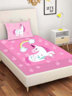 Velvet Designer Dream Unicorn Printed Single Bedsheet with 1 Matching Pillow Cover (65x100 Inches)