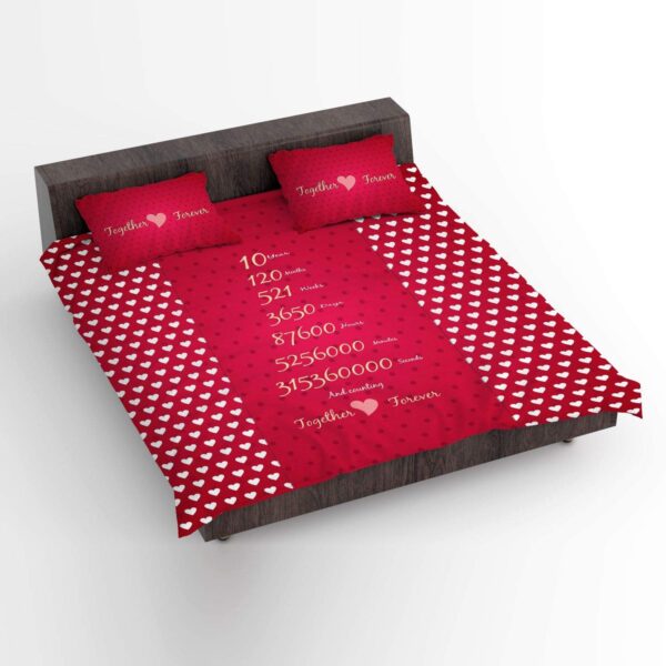 10 Years Together Forever Printed Bedsheet for Couple with 2 Pillow Covers - Red