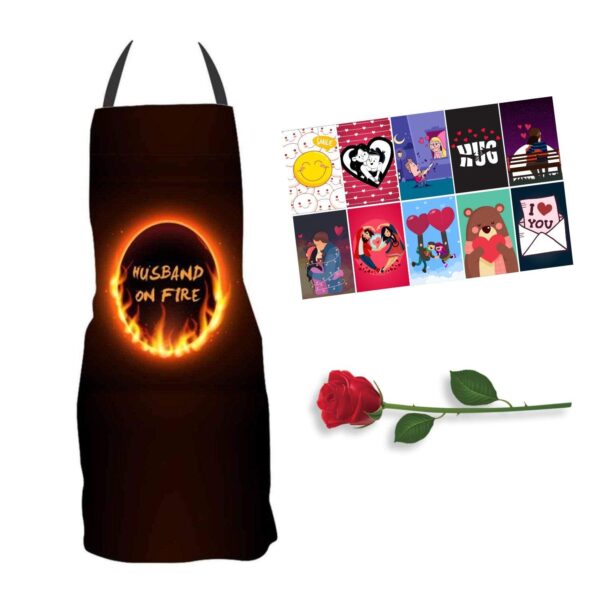 Birthday Gifts Combo for Husband, Kitchen Apron, 1 Artificial Red Rose with Set of 10 Love Post Card