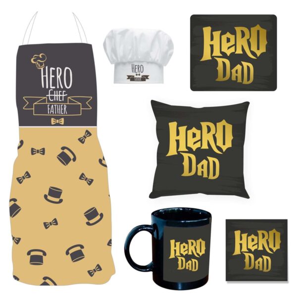 Hero Dad Hamper for Father Set of 6- Apron, Chef Hat, Cushion Cover, Mug, Coaster, Mousepad