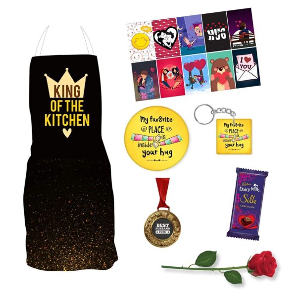 Birthday Gifts Week Chocolate Gifts Combo for Husband, Chef Apron, 1 Dairy Milk Silk (60g), Medal.Fridge Magnet,