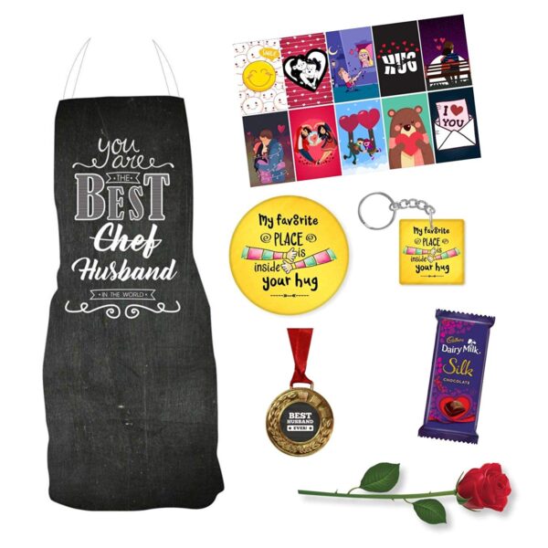 Birthday Gifts Week Chocolate Gifts Combo for Husband, Chef Apron, 1 Dairy Milk Silk (60g), Medal.Fridge Magnet,