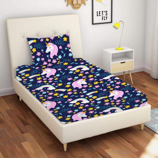 Velvet Designer Cute Unicorns Printed Single Bedsheet with 1 Matching Pillow Cover (65x100 Inches)