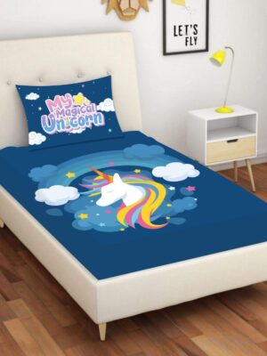 Kid's 250TC Velvet Designer Modern My Unicorn Printed Single Bedsheet (65x100 Inches) with 1 Matching Pillow Cover