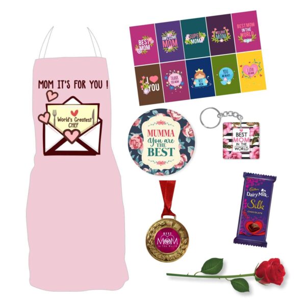 Birthday Gifts for Mom Chef Apron, 1 Dairy Milk Silk (60g), Medal,Fridge Magnet, Keychain, 1 Artificial Red Rose