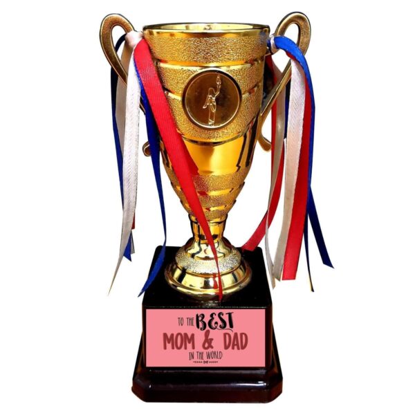 Mothers Day to The Best Mom and Dad in The World Printed Champions Award Trophy Birthday - Golden, Alloy