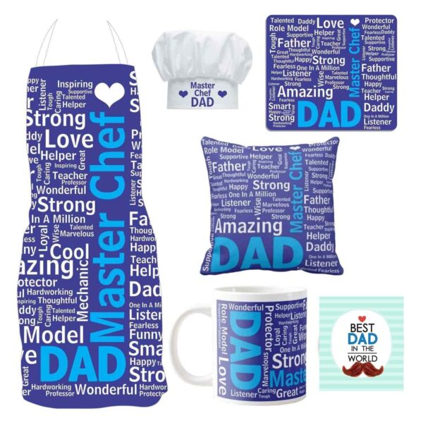 MasterChef Dad Combo Set of 6 - Apron, Chef Hat, Cushion Cover, Mug, Coaster, Mousepad