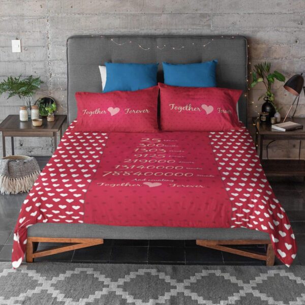 25 Years Together Forever Printed Bedsheet for Couple with 2 Pillow Covers - Red