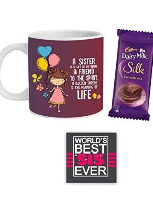 YaYa Cafe Birthday Rakhi Gift Combo for Sister is a Gift to Heart Friend for Life Mug, 1 Cadbury Dairy Milk Silk Chocolates (60