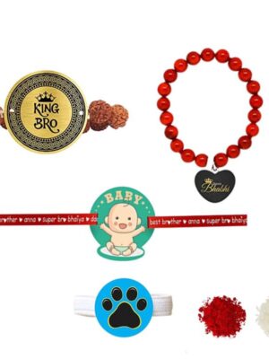 King Bro & Queen Bhabhi Family Rakhi with Baby Kids rakhi & Ribbon Combo pack of - 3