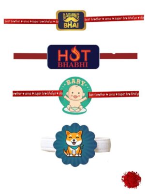 Dashing Bhai & Hot Bhabhi Family Rakhis with kid rakhi & Ribbon Combo pack of- 4
