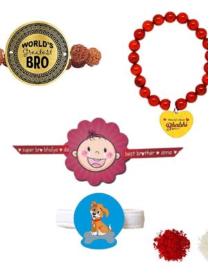 World Greatest Bro & World Best Bhabhi  Family Rakhi with Baby kids rakhi  & ribbon Combo pack of - 3