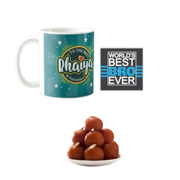 Yaya Cafe™ Rakhi Sweets Gift Combo for Brother, Best Bhaiya Mug, Gulabjamun, Coaster Gift Combo of 3 Birthday