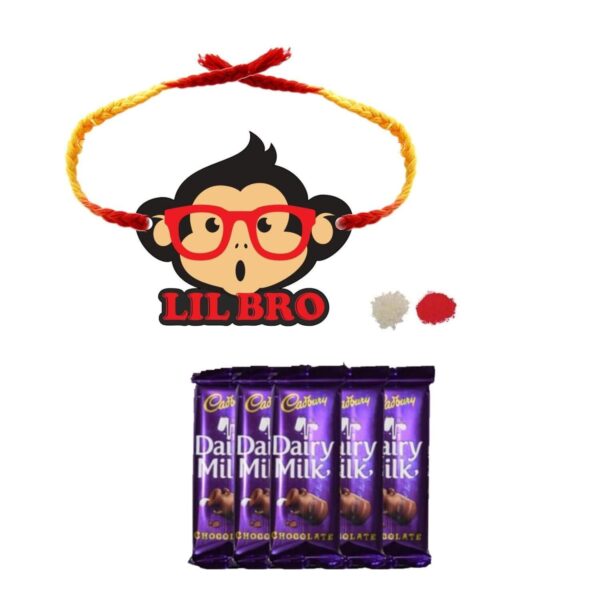 Chocolates Gift Combo for Brother, Monkey Lil Bro Printed Rakhi with 5 Pcs Dairy Milk Chocolates.