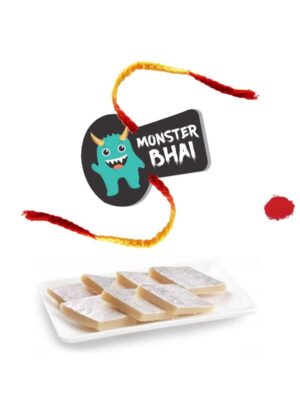 YaYa Cafe Rakhi Sweets Gift Combo for Brother Monster Bhai Printed Rakhi, Kaju Katli - 500 gm, Gift Combo of 2 Raksha Bandhan