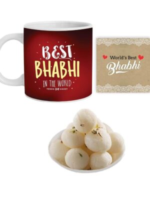 Yaya Cafe Rakhi Sweets Gift Combo for Bhabhi, Best Bhabhi in The World Hamper Set of 4 - Mug, Coaster, Rasgulla - 1 Kg, Printed
