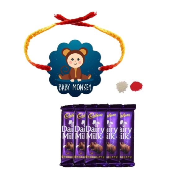 YaYa Cafe™ Rakhi Chocolates Gift Combo for Brother, Baby Monkey Rakhi with 5 Pcs Dairy Milk Chocolate Gift Combo Birthday