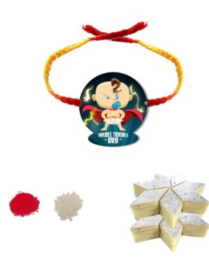 YaYa Cafe Rakhi Sweets Gift Combo for Brother, Double Trouble Bro with Rakhi,Kaju Katli - 1kg, Gift Combo of 3 Raksha Bandhan