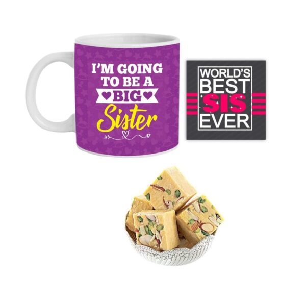 Yaya Cafe Rakhi Sweets Gift Combo for New Sister, I Am Going to Be Big Sister Hamper Set of 3 - Mug, Coaster, Badam Patisa - 1
