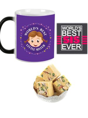 Yaya Cafe Rakhi Sweets Gift Combo for Sister, Worlds Best Little Sister Hamper Set of 3 - Magic Mug, Coaster, Badam Patisa - 1