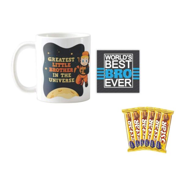 YaYa Cafe™ Birthday Rakhi Chocolates Gift Combo for Brother, Greatest Little Brother in The Universe Mug, Coaster with 5 Star