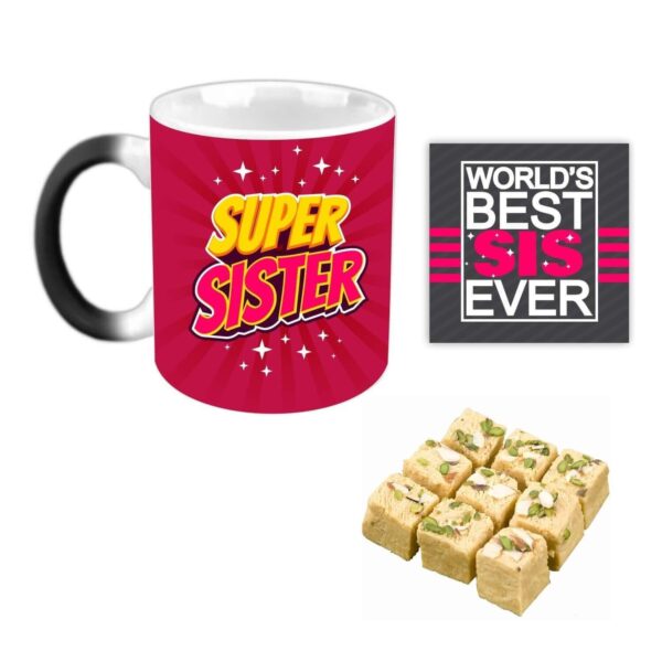 Yaya Cafe™ Rakhi Sweets Gift Combo for Sister, Super Sister Mug, Badam Patisa, Coaster Gift Combo of 3 Birthday