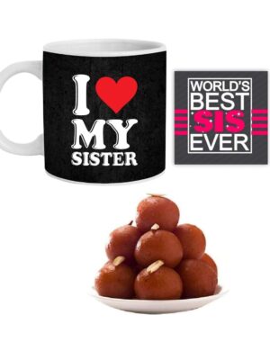 Yaya Cafe Rakhi Sweets Gift Combo for Sister,I Love My Sister Hamper Set of 3 - Mug, Coaster, Gulab Jamun - 1 Kg
