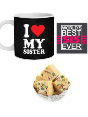 Yaya Cafe Rakhi Sweets Gift Combo for Sister,I Love My Sister Hamper Set of 3 - Mug, Coaster, Badam Patisa - 1 Kg