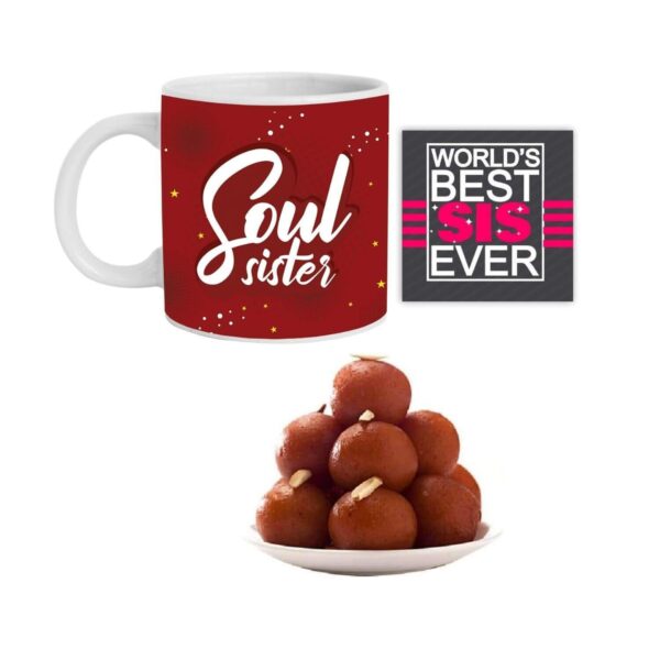 Yaya Cafe Rakhi Sweets Gift Combo for Sister, Soul Sister Hamper Set of 3 - Mug, Coaster, Gulab Jamun - 1 Kg