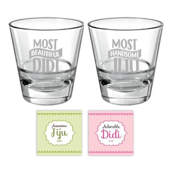 TheYaYaCafe Birthday Rakhi Gifts for Most Beautiful Didi Jiju (Brother-in-Law) Couple Whiskey Glasses - 350 ml, Coasters Set of