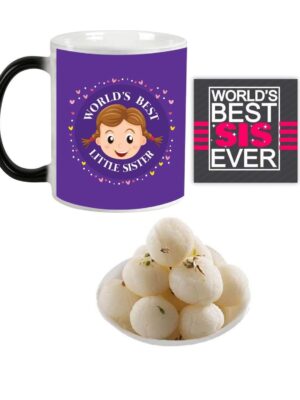 Worlds Best Little Sister Hamper Set of 3 - Magic Mug, Coaster, Rasgulla - 1 Kg
