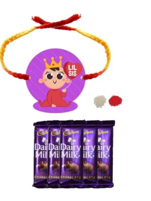 Chocolates Gift Combo for Sister , Lil Sis Kids  Rakhi with 5 Pcs Dairy Milk Chocolates.