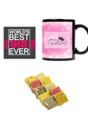 Yaya Cafe™ Rakhi Sweets Gift Combo for Sister, Princess Sister Mug, MEWA Bites - 400 gm, Coaster Gift Combo of 3 Birthday