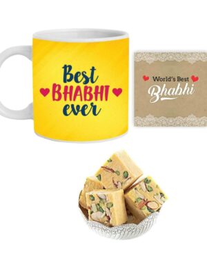 Yaya Cafe Rakhi Sweets Gift Combo for Bhabhi, Best Bhabhi Ever Hamper Set of 4 - Mug, Coaster, Badam Patisa - 1 Kg, Printed