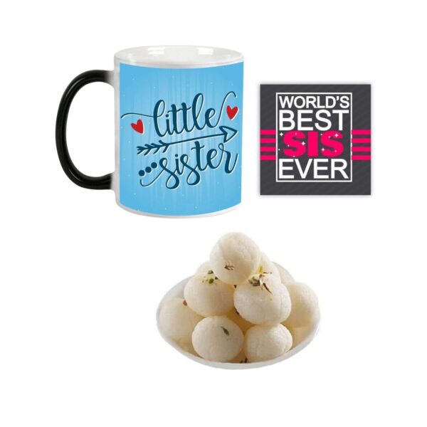 Yaya Cafe Rakhi Sweets Gift Combo for Sister, Little Sister Hamper Set of 3 - Magic Mug, Coaster, Rasgulla - 1 Kg
