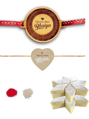 YaYa cafe Rakhi Sweets Gift Combo for Brother Bhabhi, Worlds Best Bhaiya Bhabhi with 2 Rakhis, Kaju Katli - 300 gm, Gift Combo
