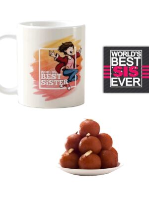Yaya Cafe™ Rakhi Sweets Gift Combo for Sister,Worlds Best Sister Mug, Gulabjamun, Coaster Gift Combo of 3 Birthday